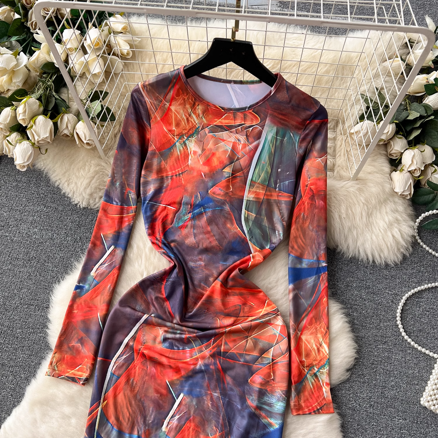 Long-sleeve tie-dye print Maxi Dress YM407