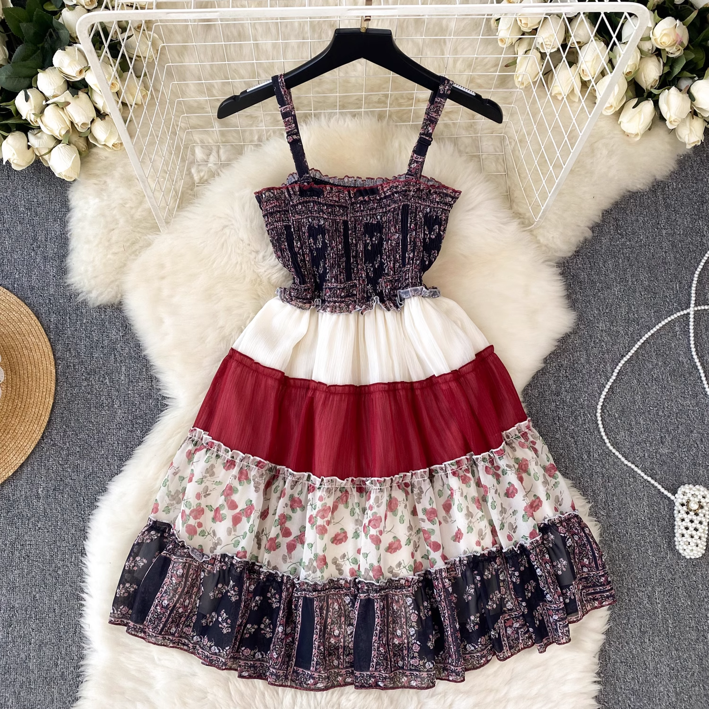 Retro Contrast Color Stitching Floral Sling Dress YM380