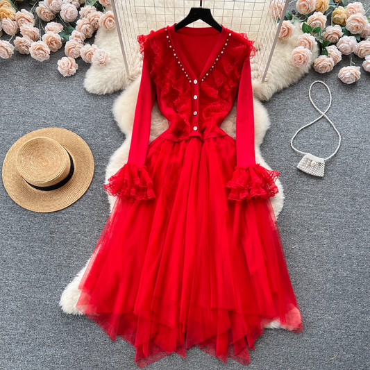 V-neck knitted splicing mesh fluffy irregular dress for women YM429