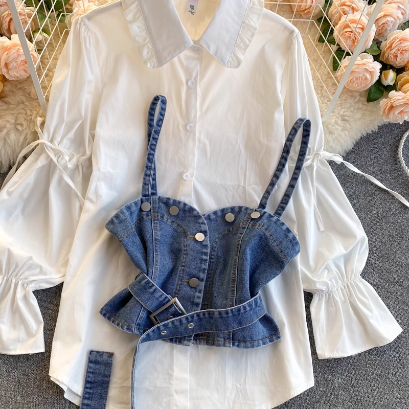 Retro Blouses Women's puff sleeve loose all-match denim camisole stacked two-piece suit,YM133