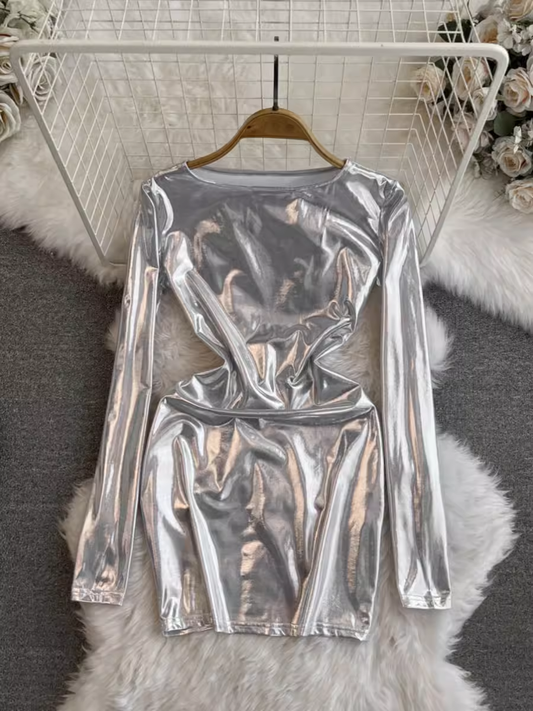 Women's long-sleeved round neck metallic glossy bodycon dress YM1019