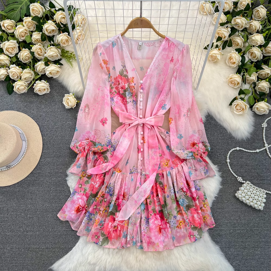 Lantern long sleeve V-neck a-line printed chiffon dress YM957