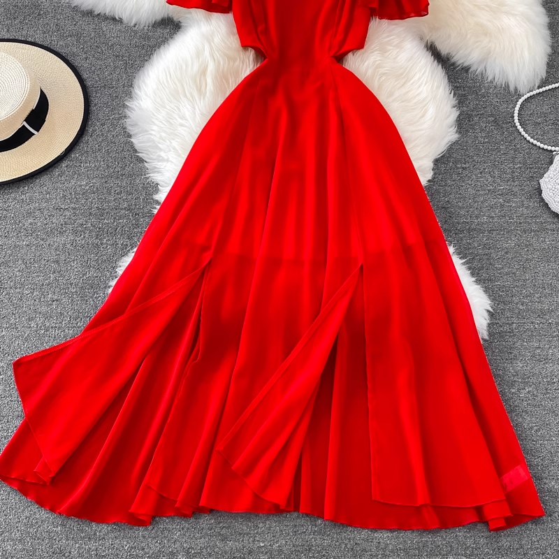 Red Chiffon Seaside Vacation Dress ,YM189