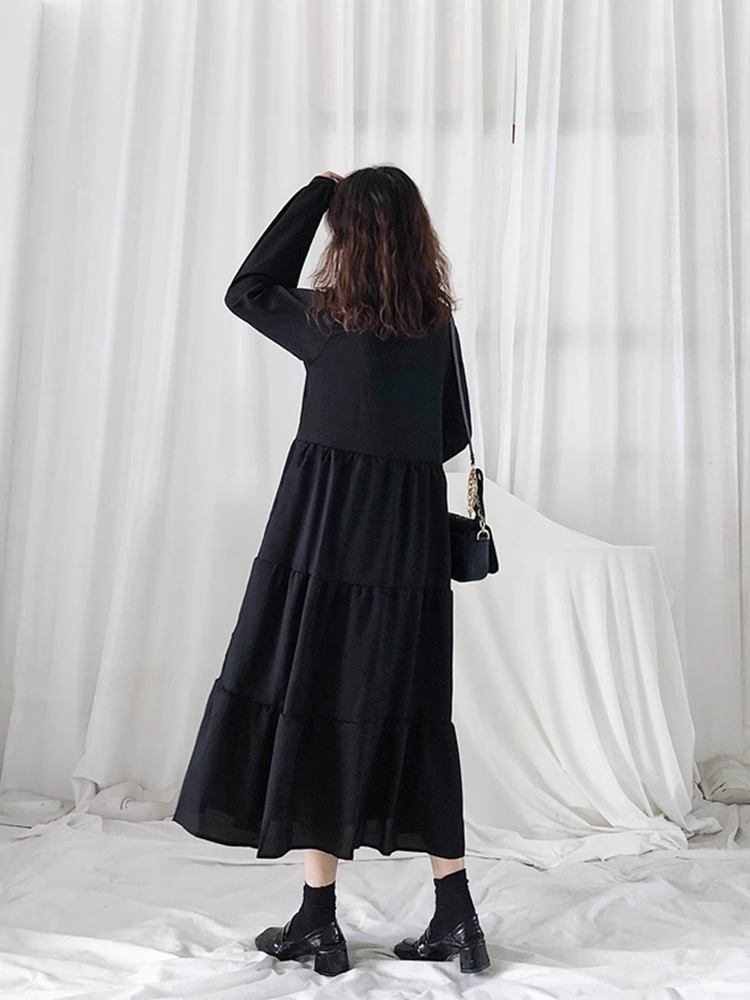 Women's autumn long chiffon long sleeve black dress YM723