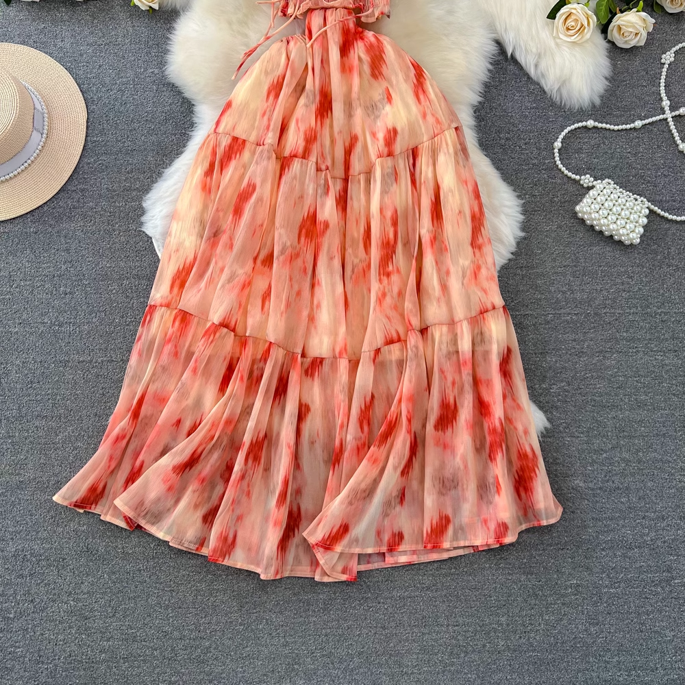 A-line printed suspender dress seaside vacation long  YM941