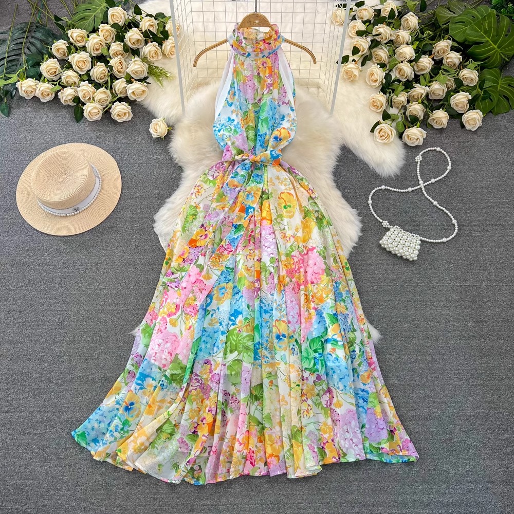 Stylish bohemian halterneck a-line print dress YM959