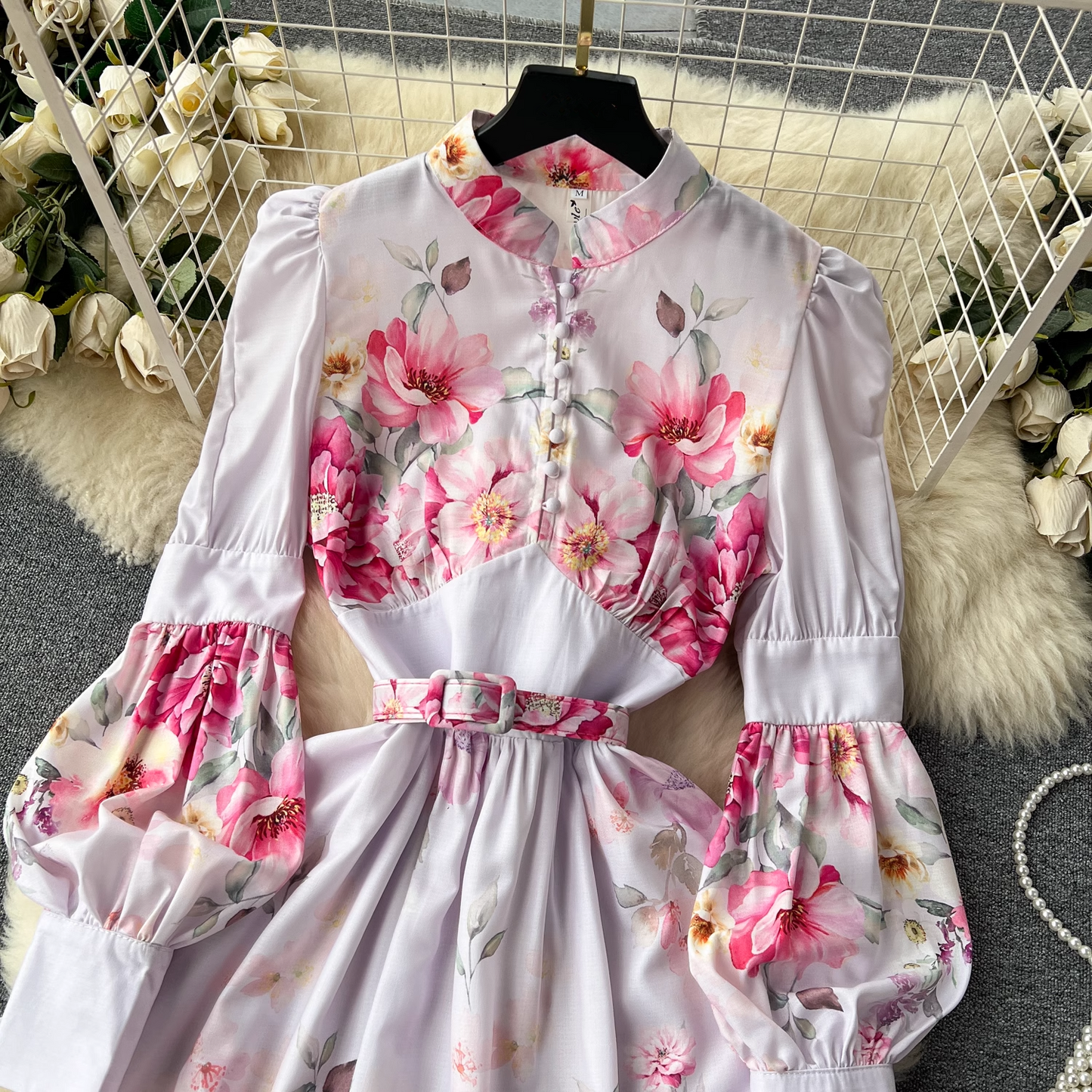 Long-sleeved stand-up collar lantern long-sleeved printed skirt women's court style dress YM402