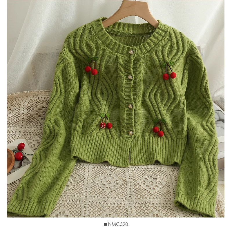 Sculpted Cherry Single-Breasted Cardigan Cropped Sweater YM376