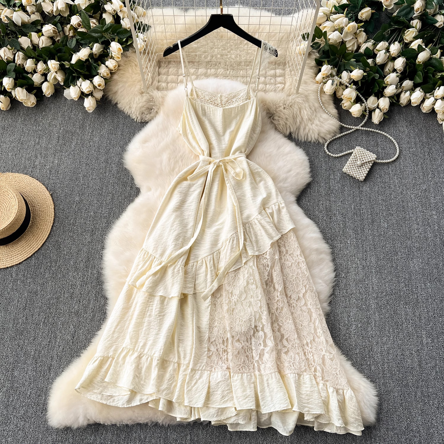 Women's summer lace splicing ruffle suspender dress YM1108