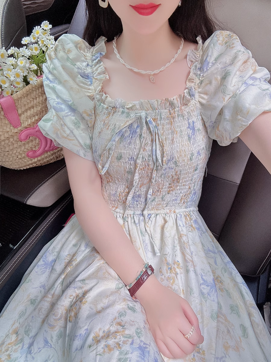 Puff Sleeve Bow Tie Chiffon Floral Long Dress   YM1565