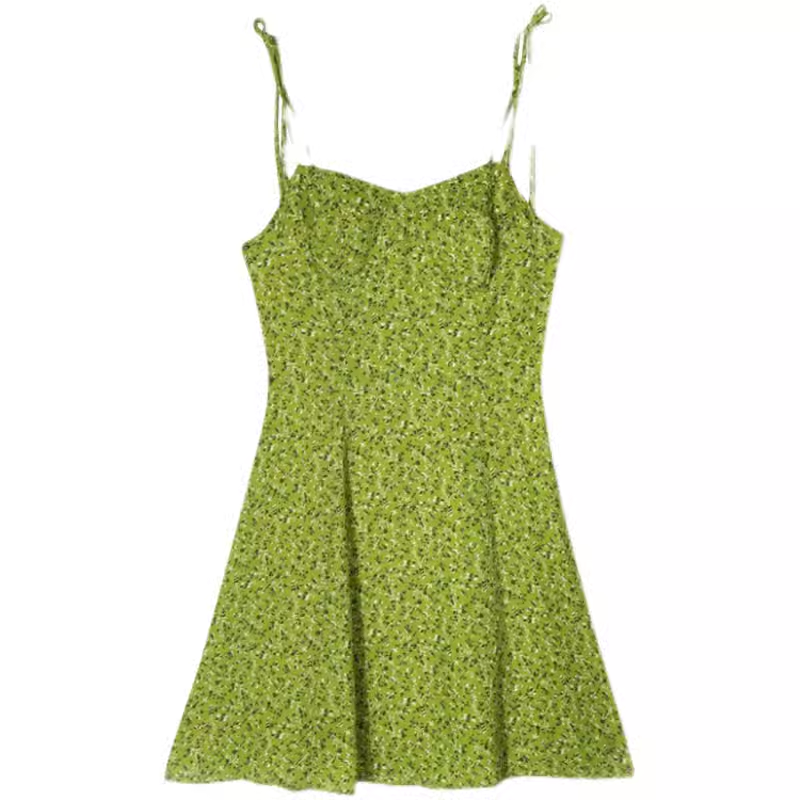 Green floral short suspender dress  YM1366