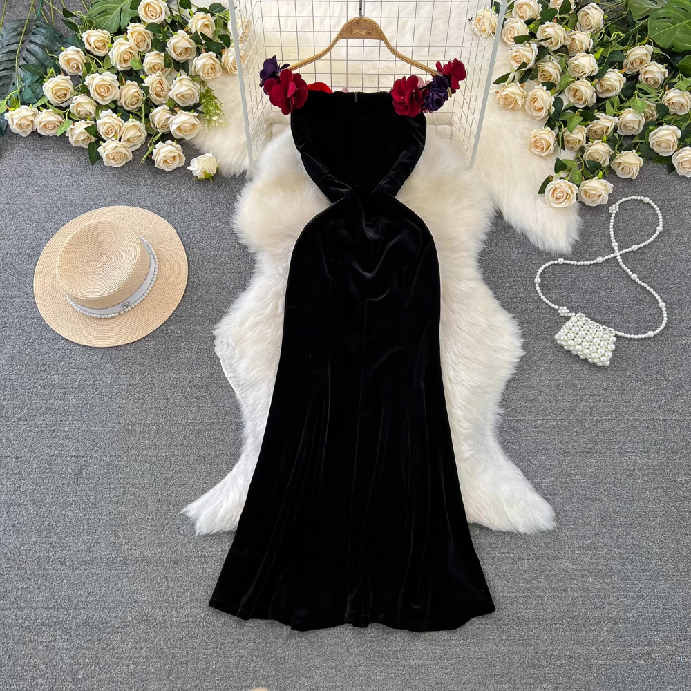 Off the shoulder black velvet dress YM979