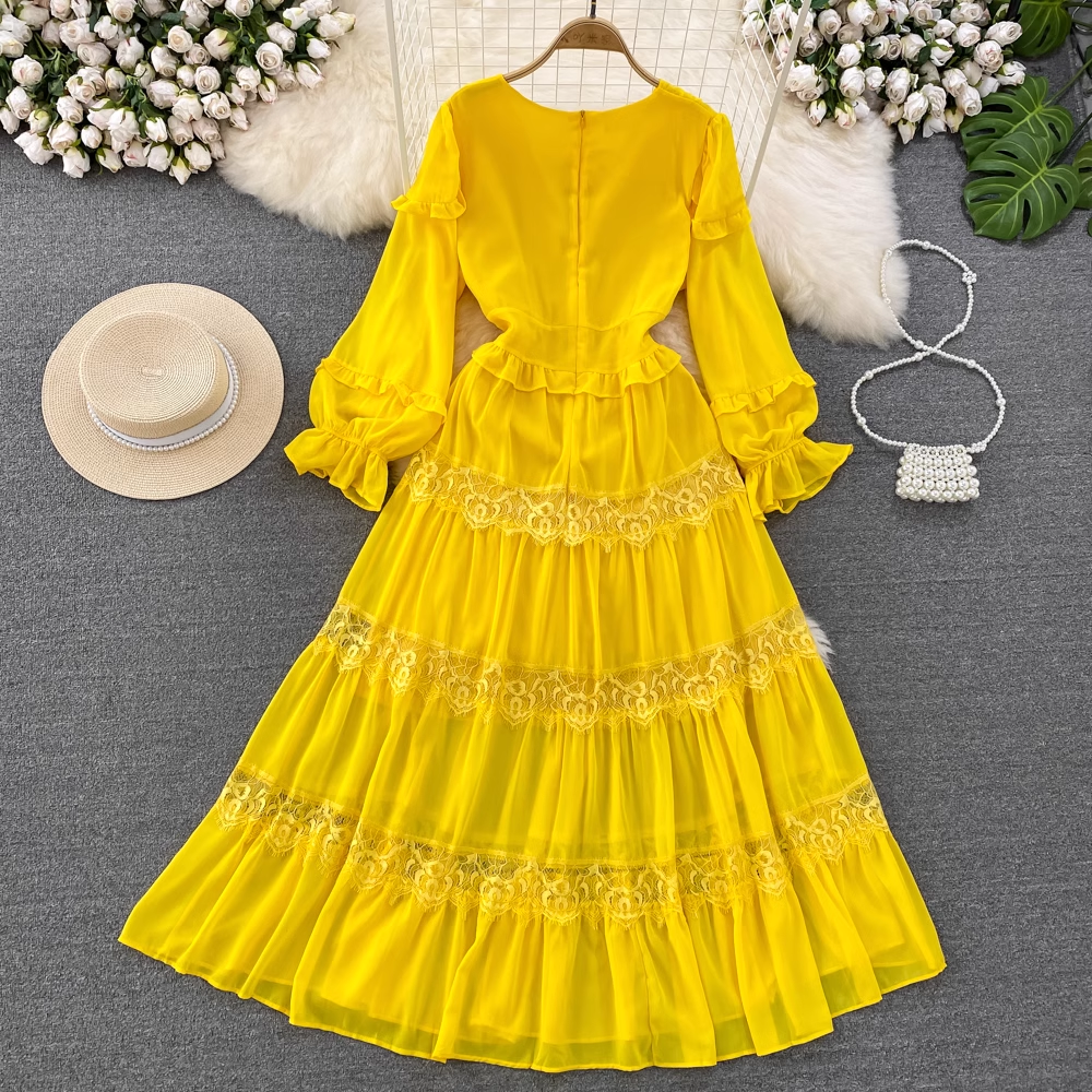 Lantern long-sleeved V-neck lace stitching chiffon dress seaside holiday dress, YM269