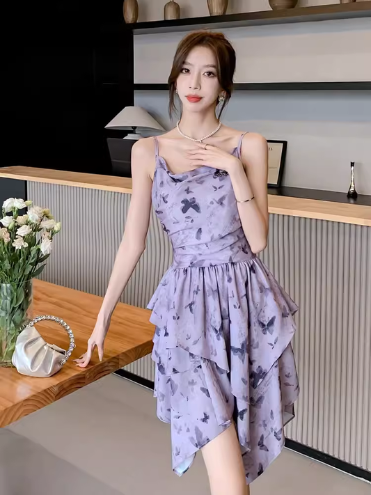 Purple butterfly print slip dress YM1351