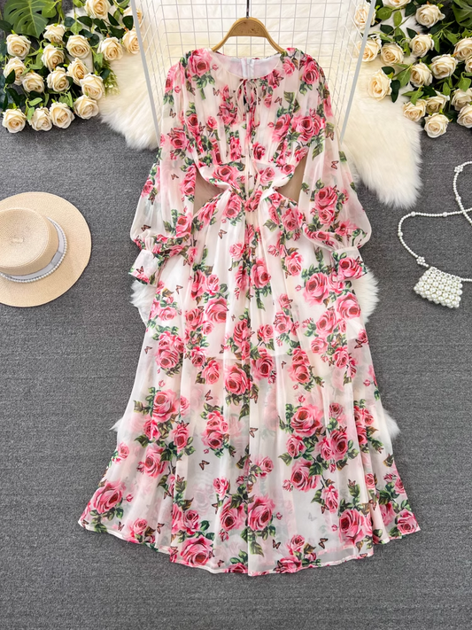 Long-sleeve round neck A-line rose print chiffon maxi dress YM884