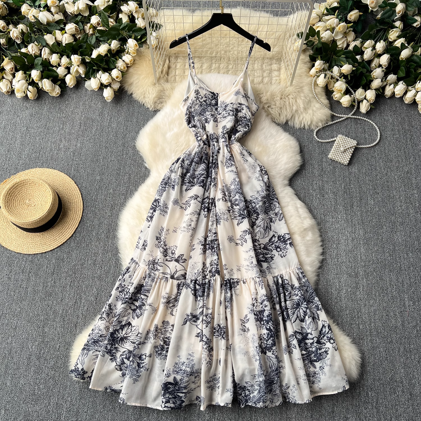 Women's summer retro ink print suspender dress YM1107