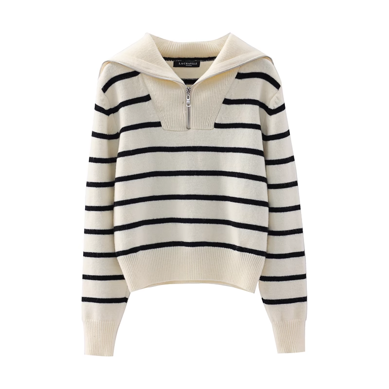 Women's navy collar half zip striped sweater autumn and winter  YM704