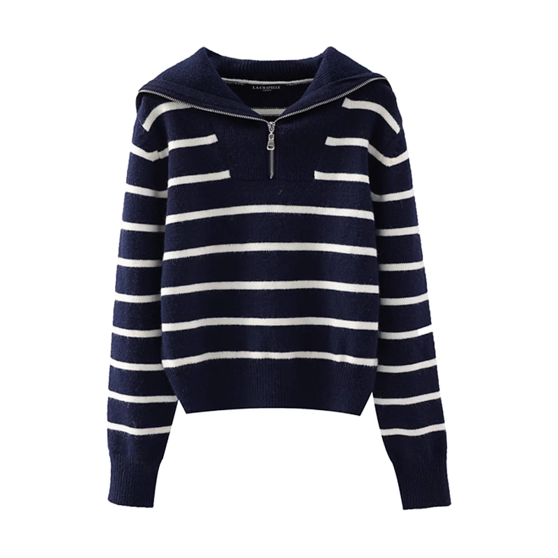 Women's navy collar half zip striped sweater autumn and winter  YM704