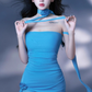 Sexy Strapless Dress Slit Irregular Short Dress Blue Chiffon Birthday Outfits YM1719