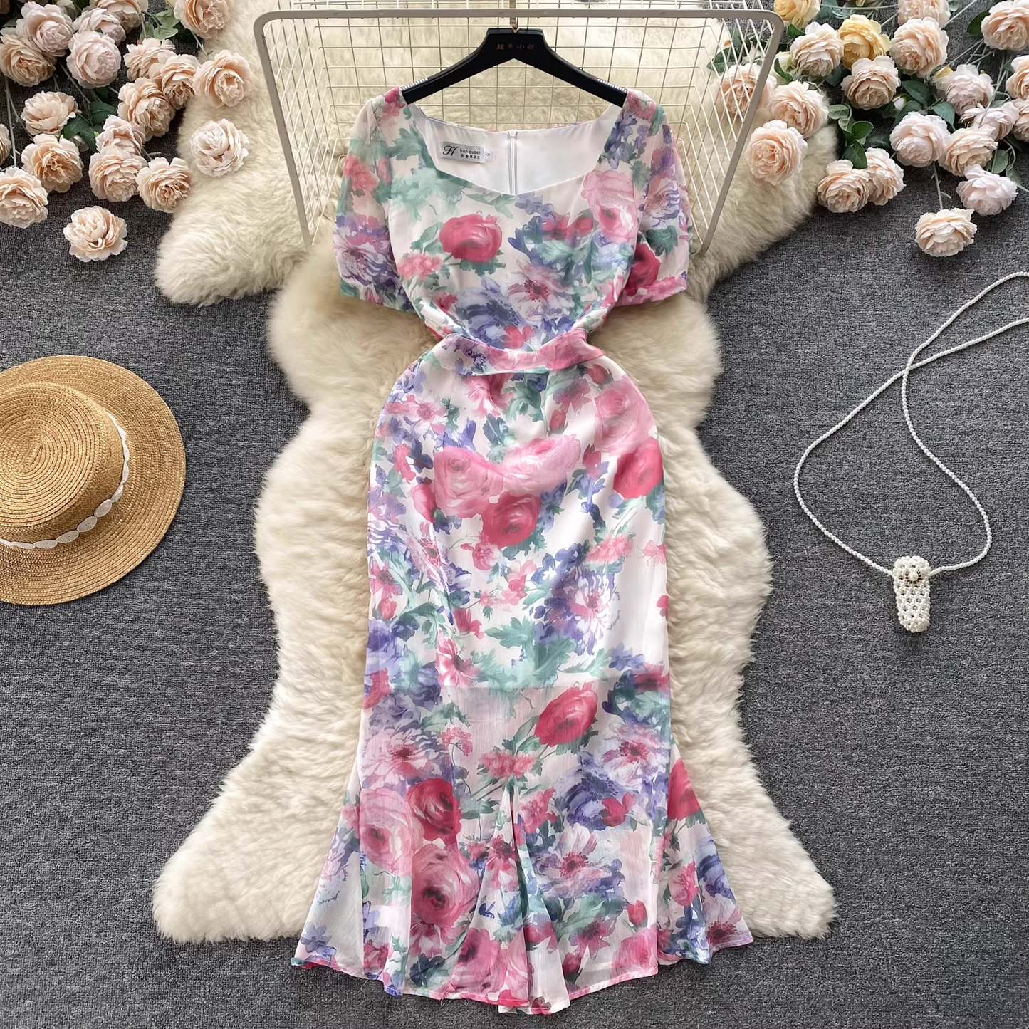 Women's Square Neck Puff Sleeve Floral Chiffon Mermaid Dress YM346