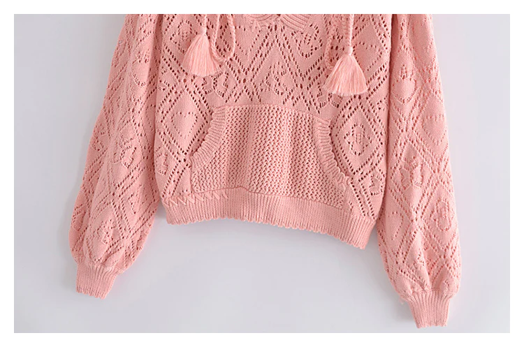 Hollow out design short Pink Knitted Hooded Sweater, YM257