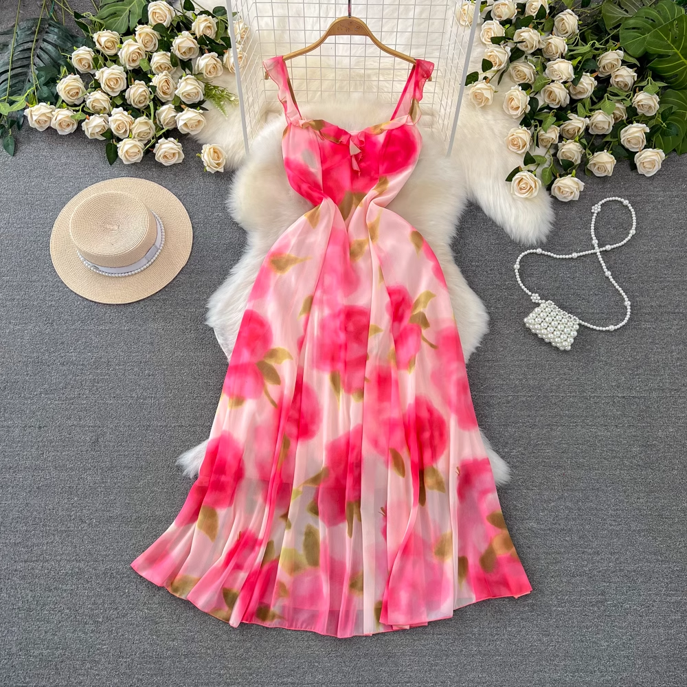 A-line printed chiffon suspender dress seaside vacation long dress YM944