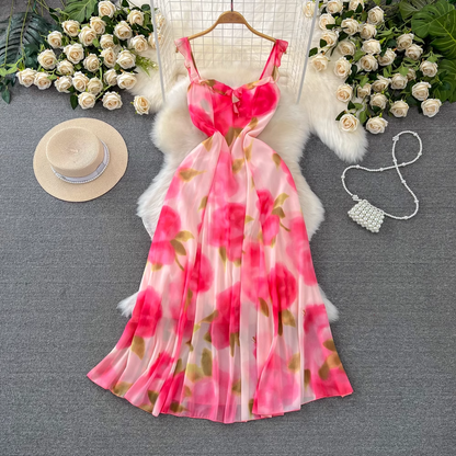 A-line printed chiffon suspender dress seaside vacation summer dress YM944