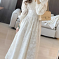 Off-white New V-Neck Jacquard Waist Belted Mid-Length A-Line Party Dress YM1779