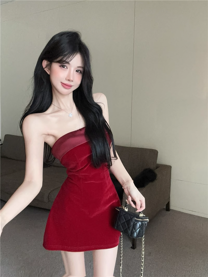 Beautiful Burgundy Velvet Strapless Cocktail Dress A-Line Mini Birthday Dress YM1835