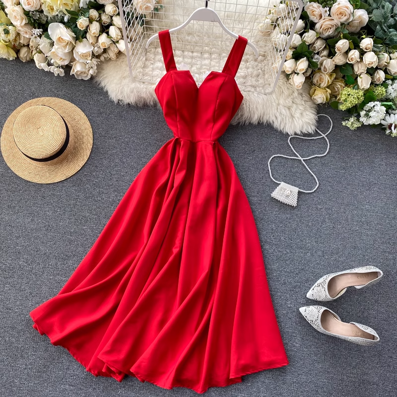 V-neck backless retro solid color summer dress casual ,YM24