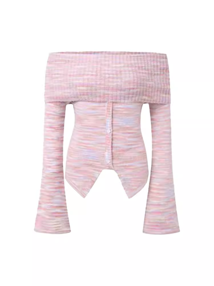 Womens pink striped off the-shoulder knitted sweater  YM700