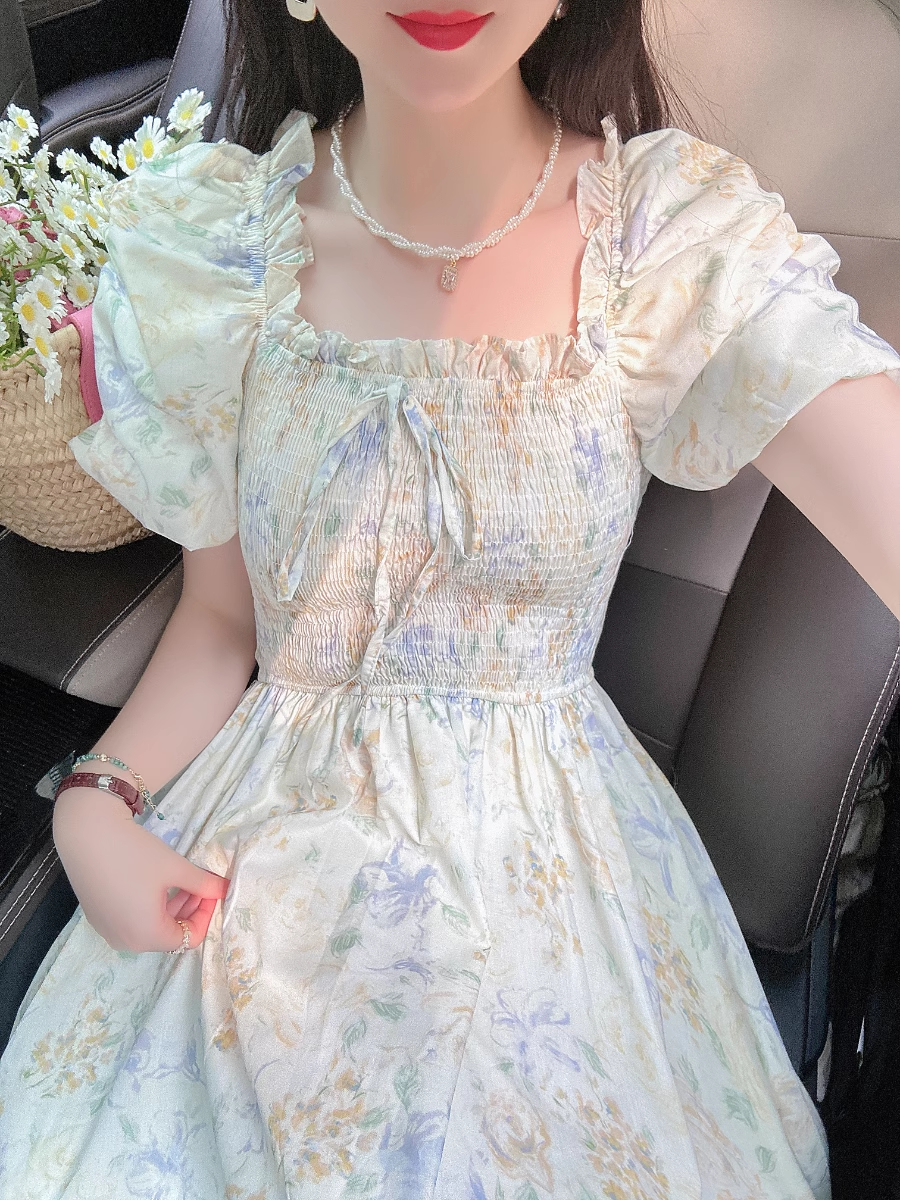 Puff Sleeve Bow Tie Chiffon Floral Long Dress   YM1565