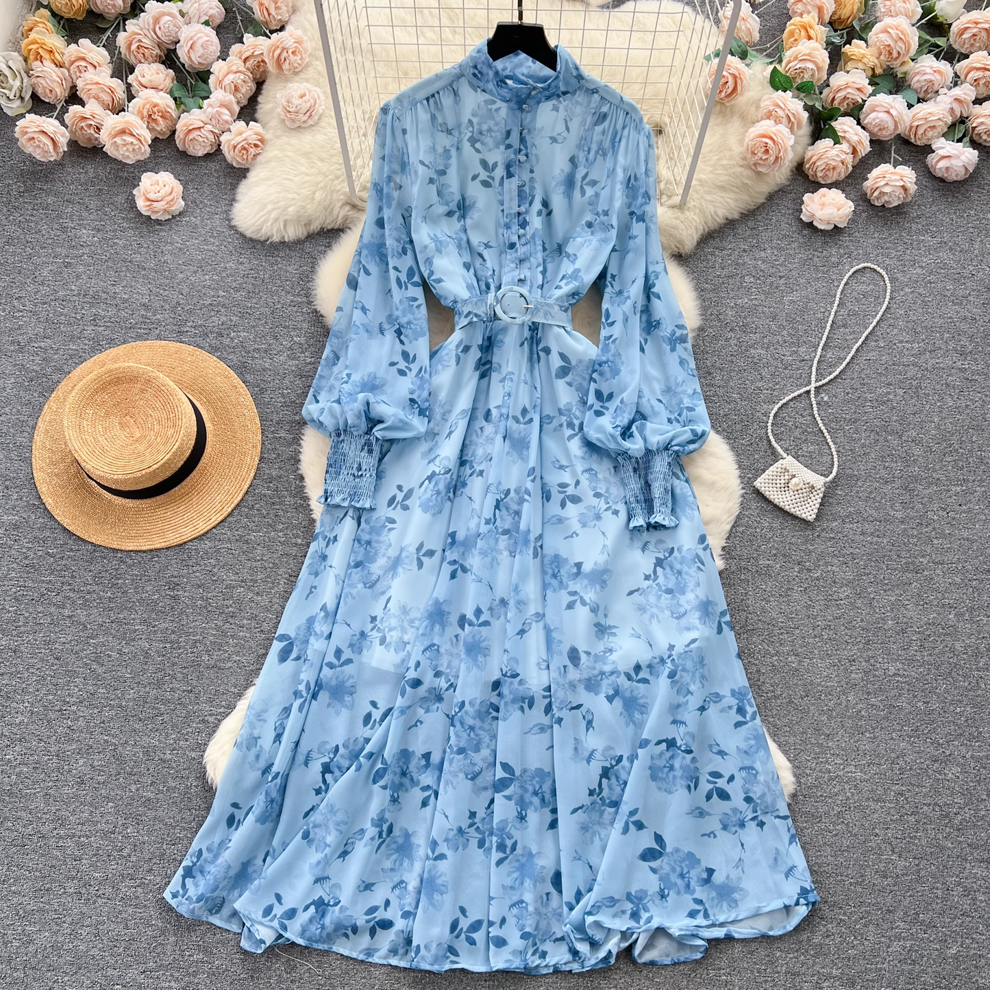 Floral dress with chiffon puffed sleeves YM623