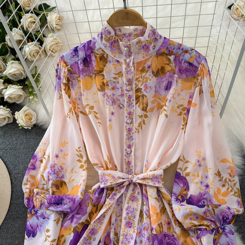 Retro palace style lantern long sleeve a-line printed dress YM1003