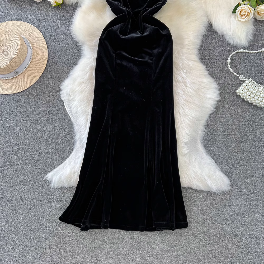 Off the shoulder black velvet dress YM979