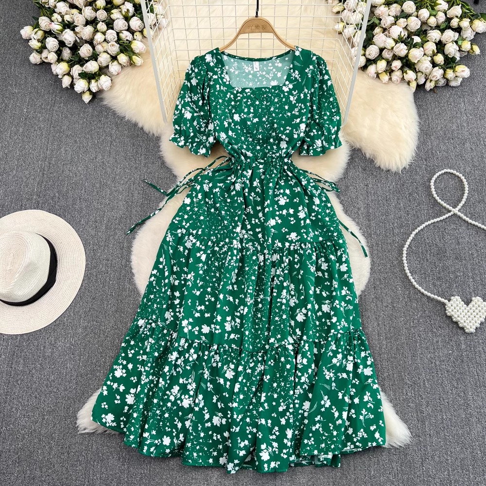 Square collar puff sleeve summer new fluffy princess dress, YM246