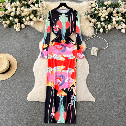 Retro fashion printed hip-hugging dress YM435