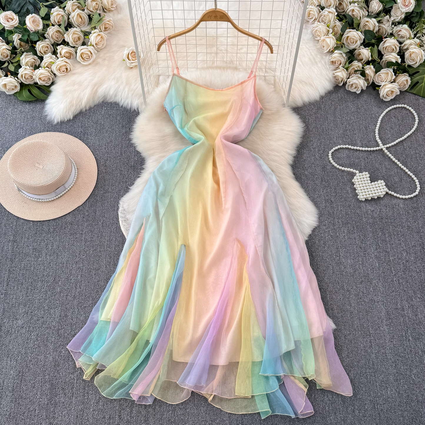 women's summer rainbow gradient suspender dress  YM1423