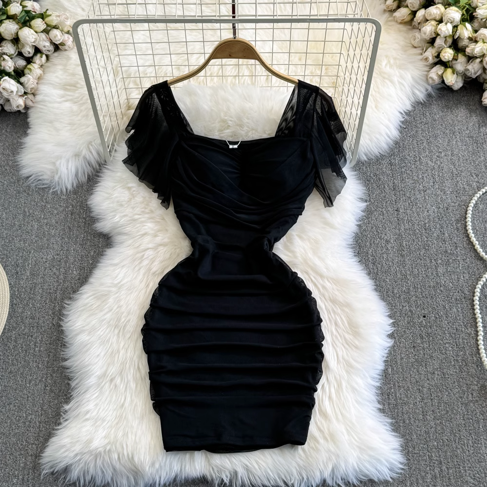 Square neck short mesh bodycon dress YM902