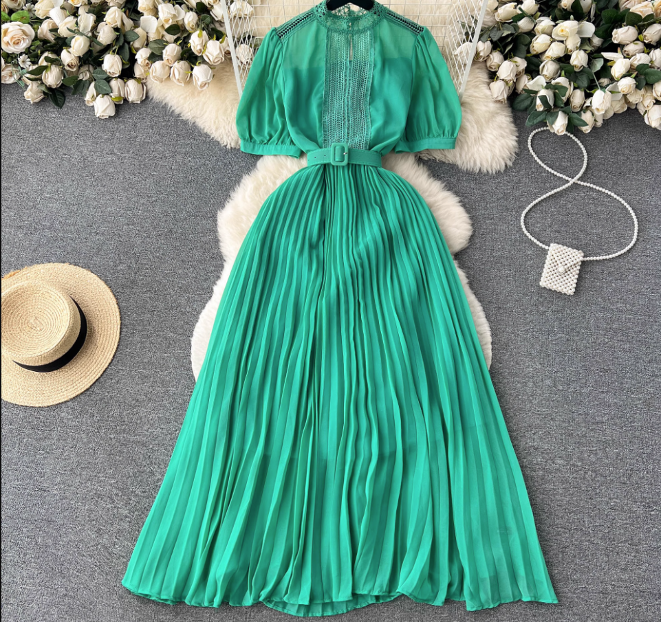 Turtleneck Puff Sleeve Pressed Pleated Dress,YM115