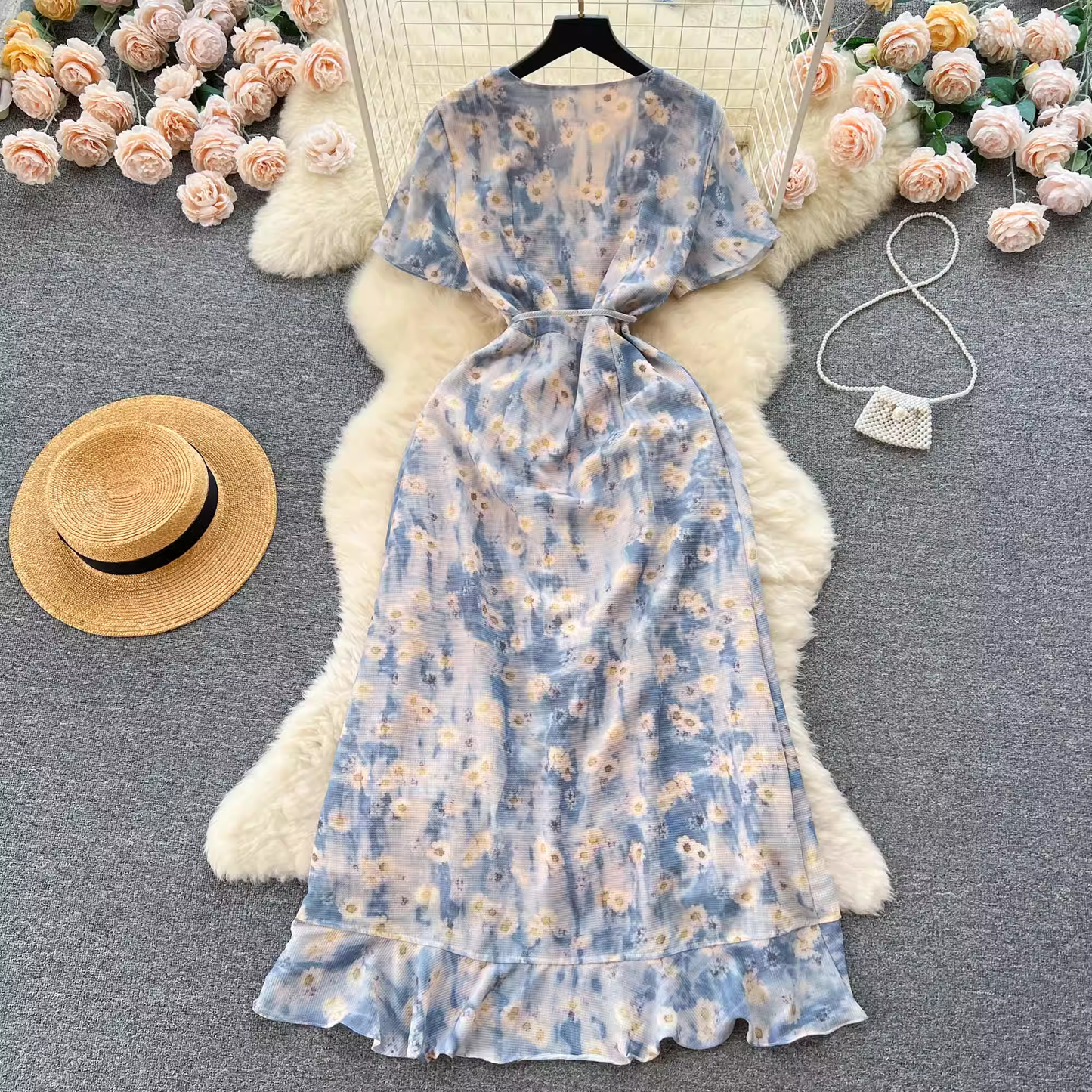 Women's Irregular Ruffled Floral Chiffon Dress ,YM121