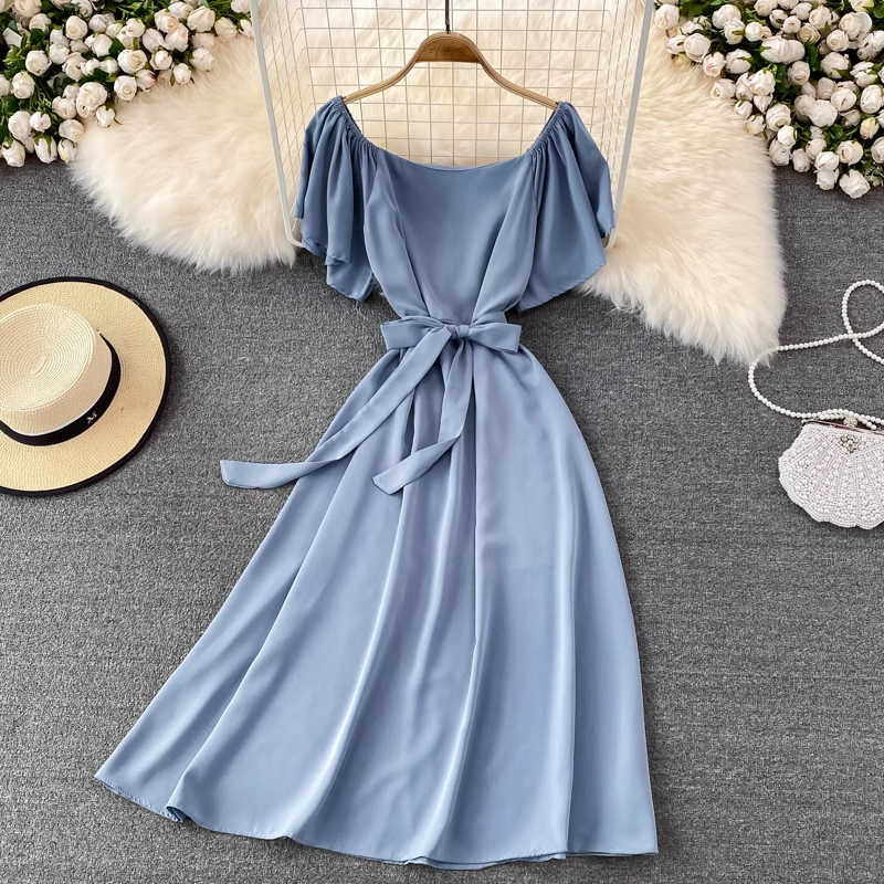 chic retro solid color ruffled mid-length square neck dress ,YM210