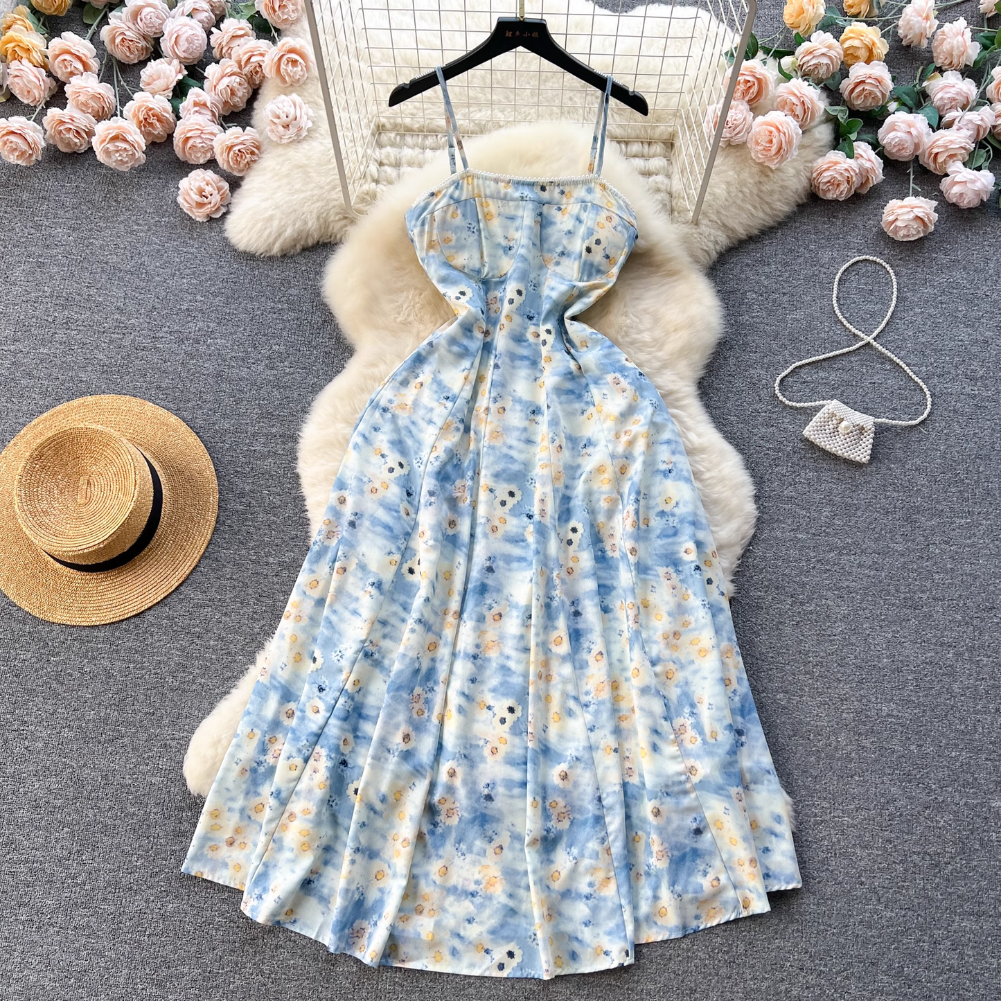 French retro oil painting sense print suspender dress women summer dress , YM167