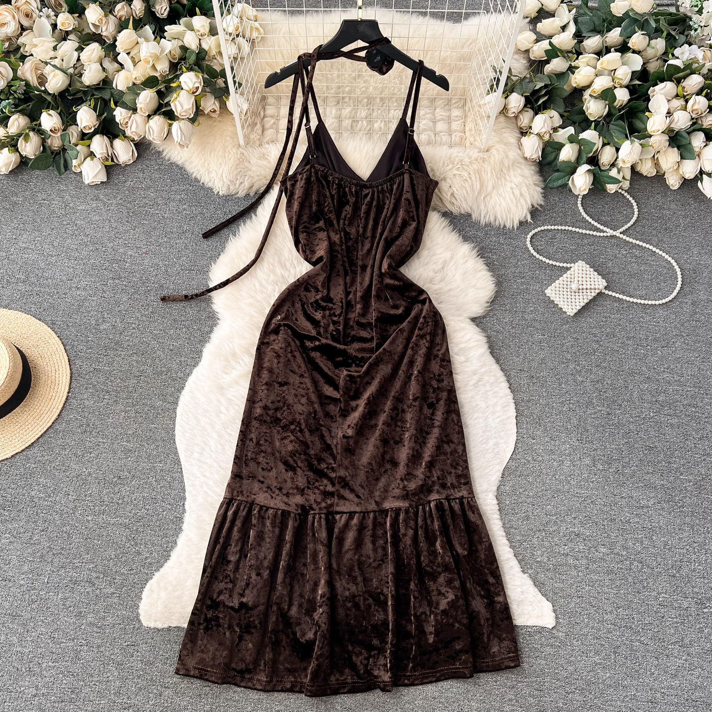 Retro velvet dress V-neck slim mid-length ruffle dress YM569