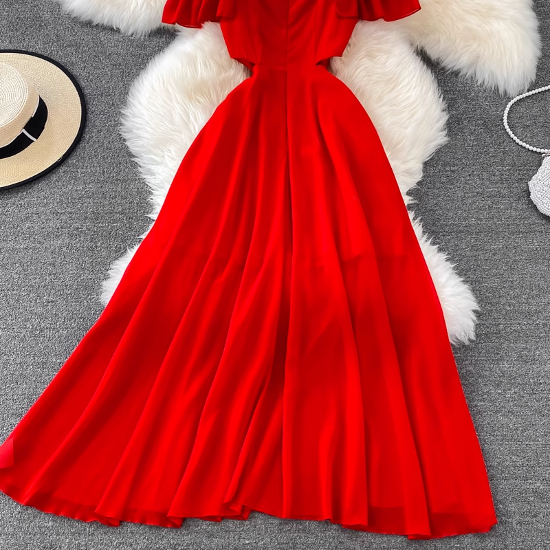 Red Chiffon Seaside Vacation Dress ,YM189