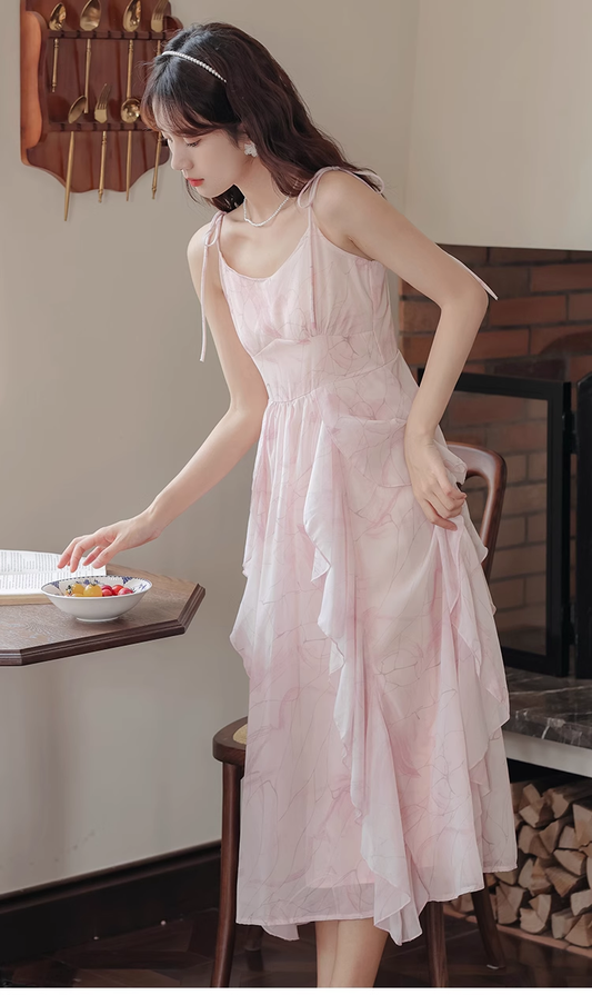 Pink ruffled chiffon suspender dress for women summer  YM1188