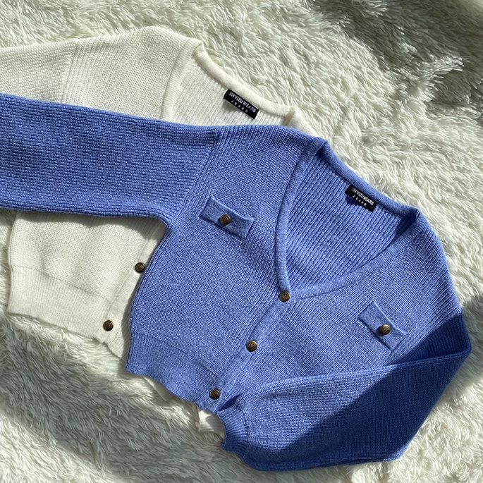 Retro blue v-neck short loose sweater YM552