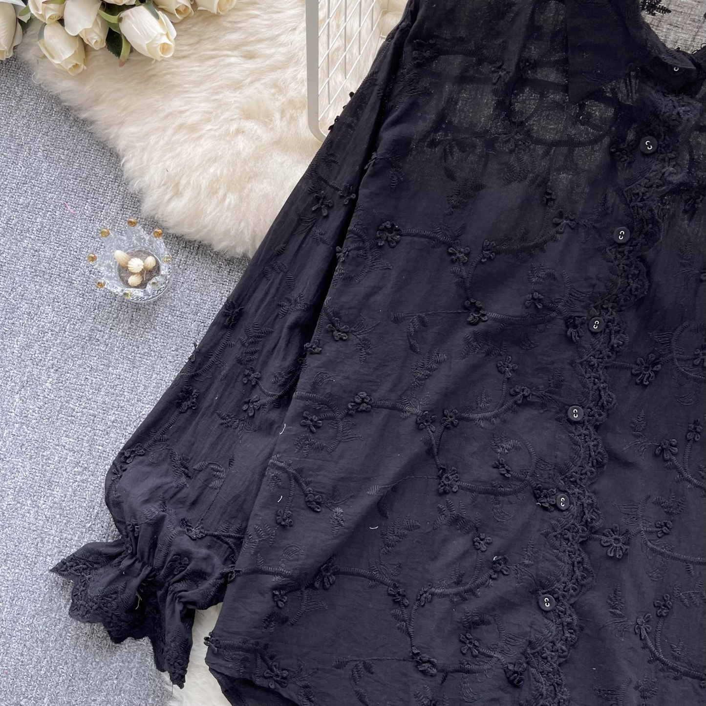 Lace Embroidered Petal Sleeves Blouses  YM315