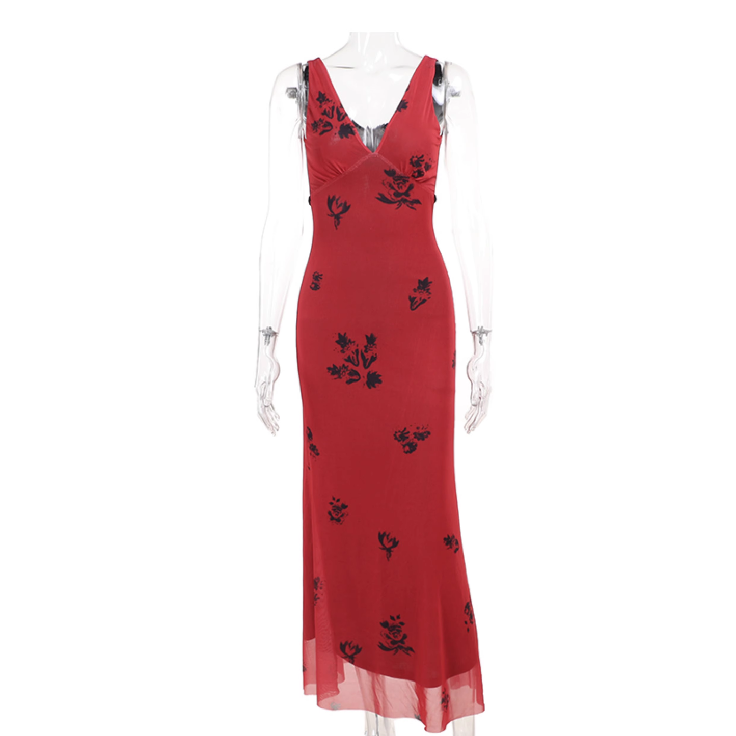 French printed red V-neck suspender dress for women in summer YM1066