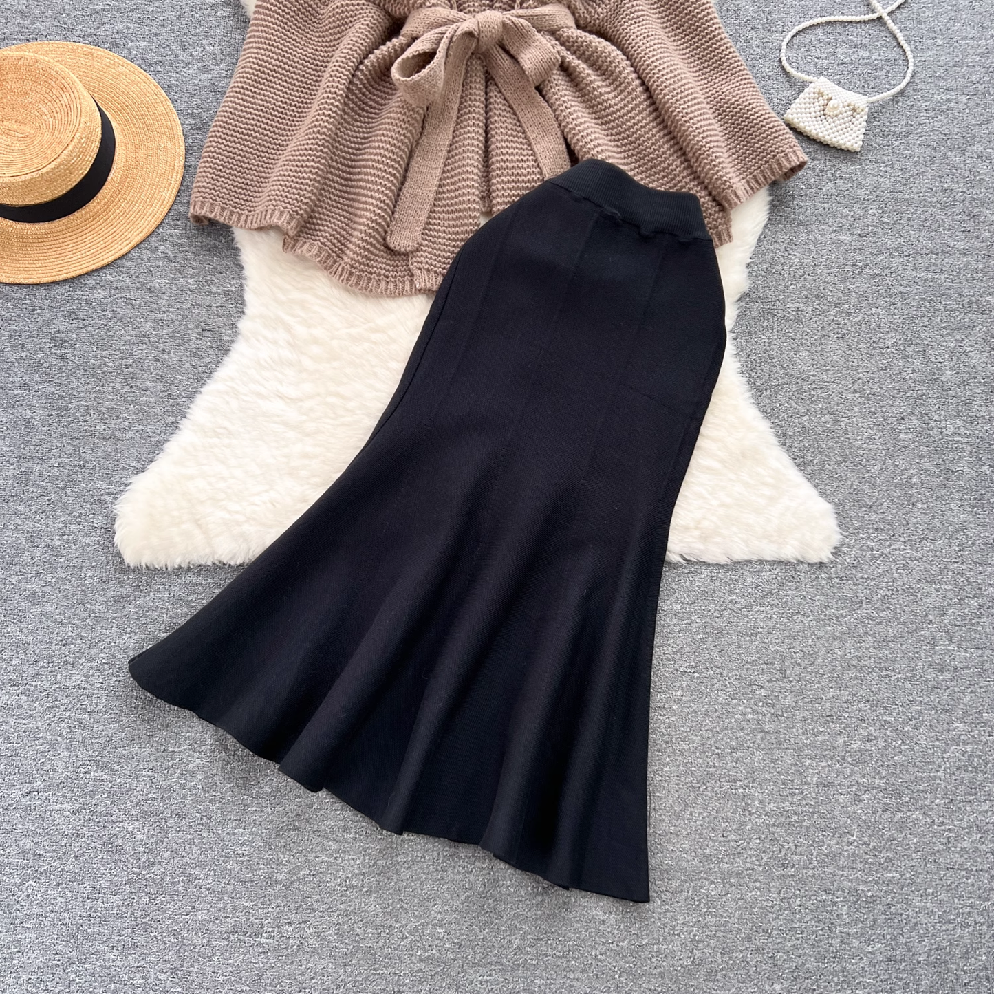 Elegant sweater jacket, versatile fishtail skirt two-piece trendy set,black dress YM615